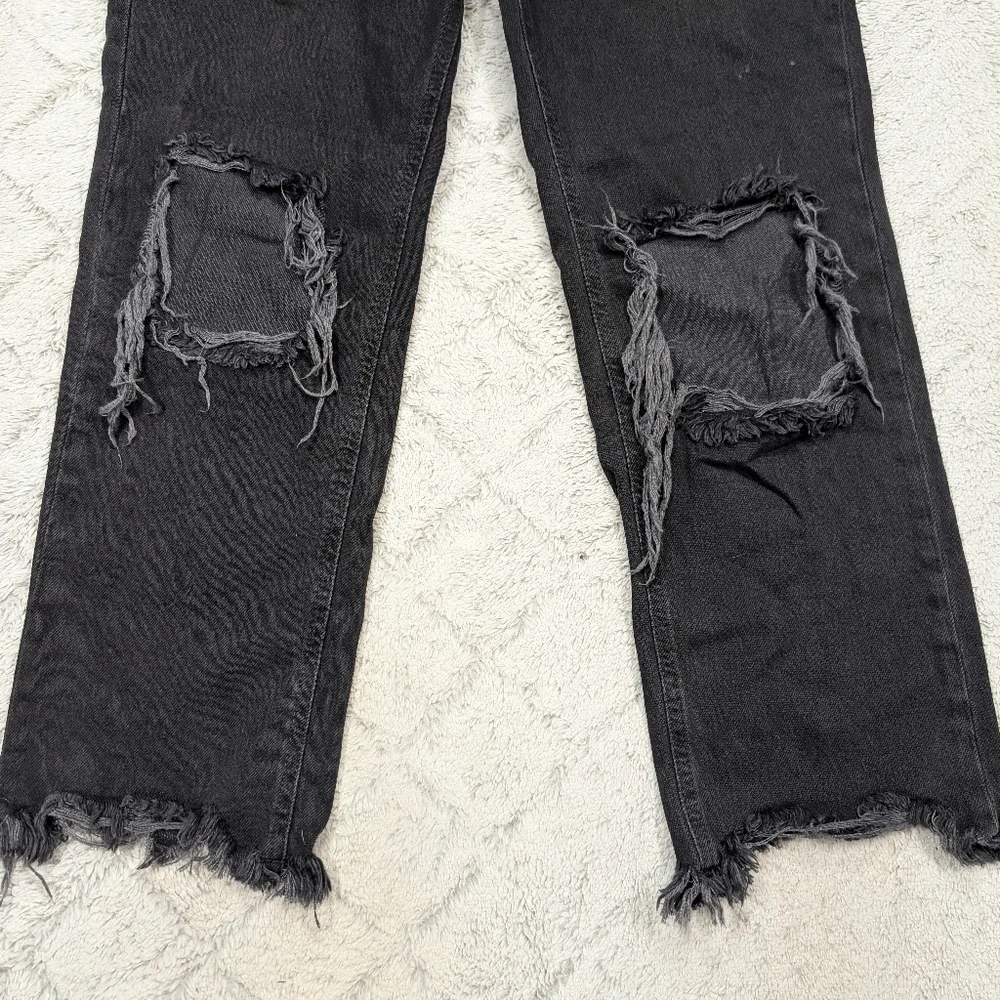 Free People Jeans Womens 27 Black Maggie Mid Rise Straight Distressed Denim
